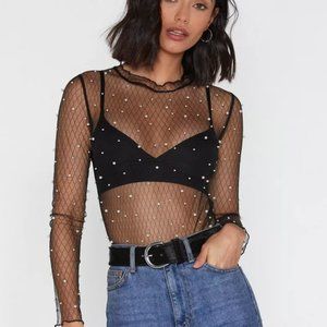 Nasty Gal Pearl Detail Long Sleeve Mesh Bodysuit / Size 6
